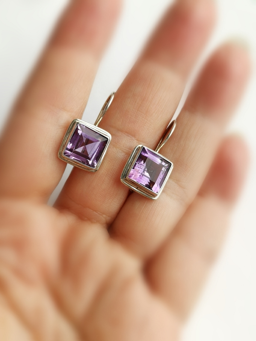 Modernist square cut Amethyst sterling silver drop earrings 🆕 - Picture 5 of 6
